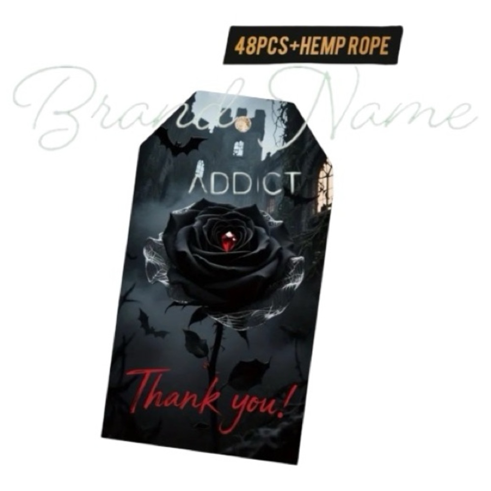 PRICE IS FIRM - Set of 48 Piece Goth Black Rose ‘Thank You’ Tags with Hemp Rope